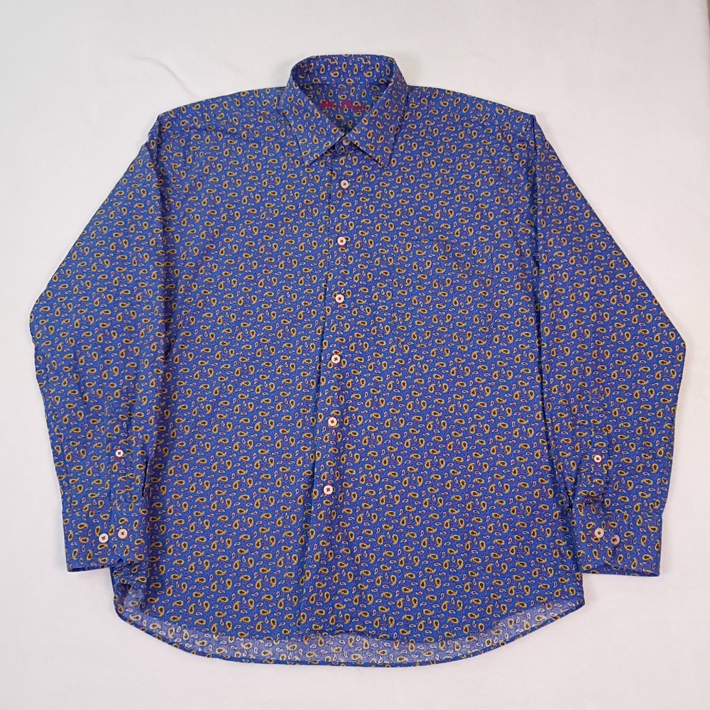 Alan Flusser Mens XL Blue Paisley Cotton Long Sleeve Button Down Shirt - Picture 2 of 11